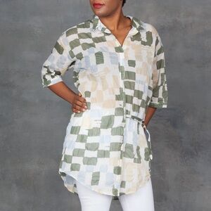 HUMANOID Abstract Print Tunic Shirt Dress S | Cotton Tie Waist Oversized Blouse